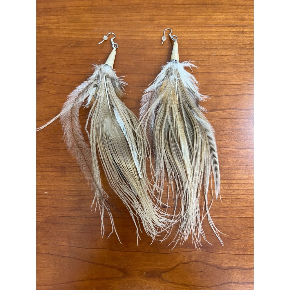 Boho Natural Feather Drop Earrings Tan White Striped Long Statement Festival - Picture 2 of 3